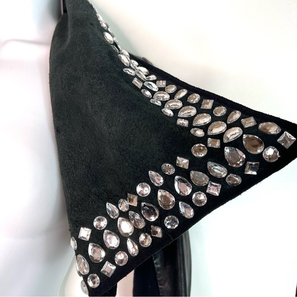 All Saints Spitalfields Cropped Leather Jacket with Rhinestones Black - Picture 8 of 10